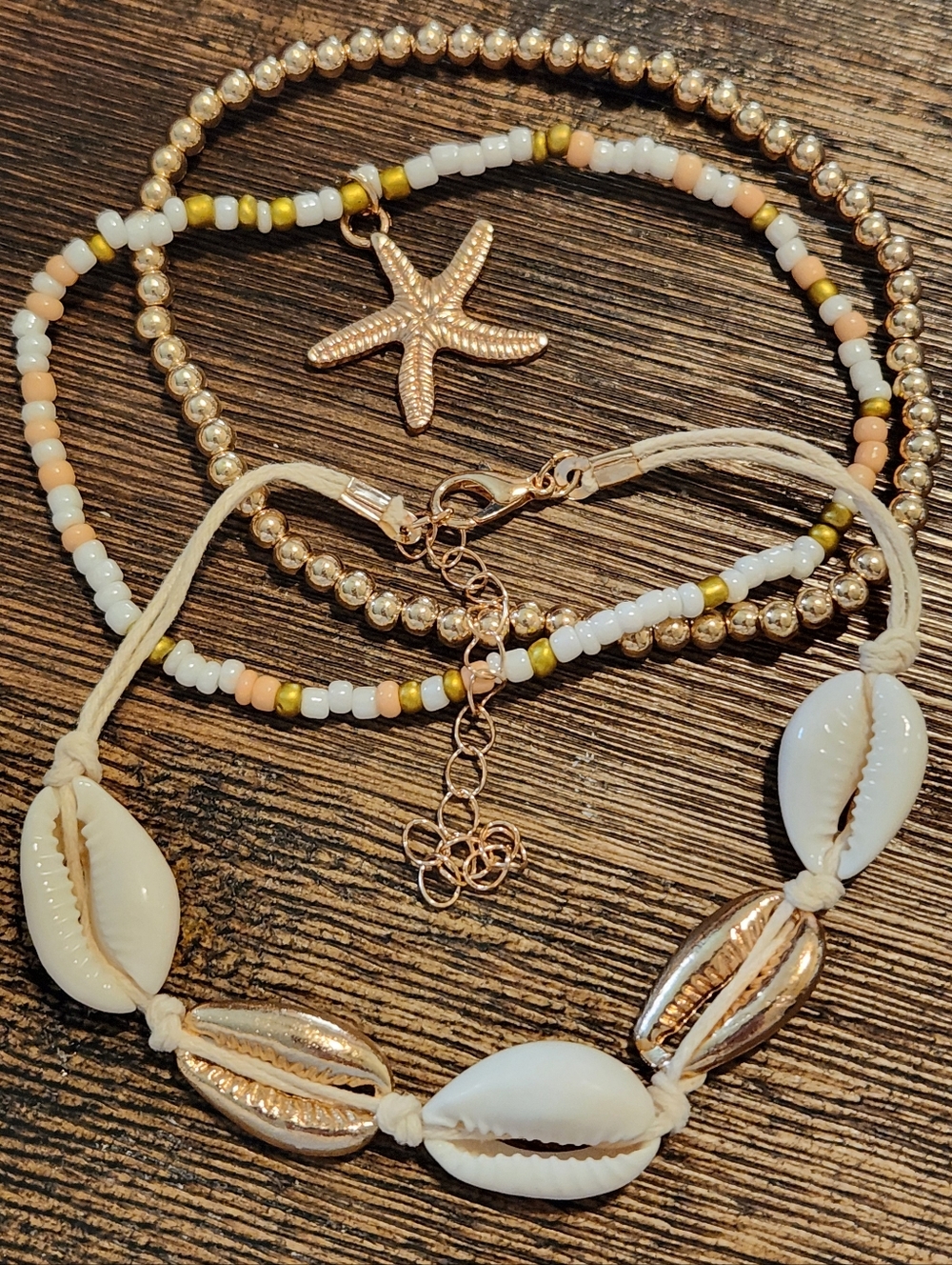 Beaded Anklets SET, real shells, goldtone, adjustable, 9 inch, boho, brand new